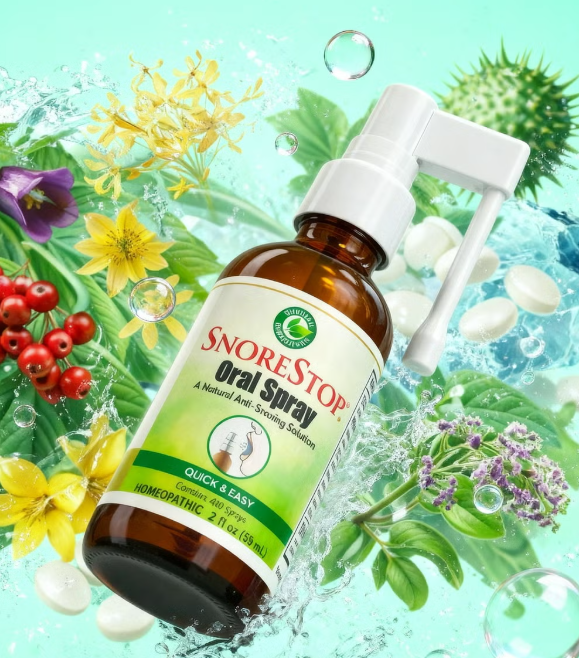 SnoreStop Oral Spray bottle surrounded by natural homeopathic herbs and water droplets